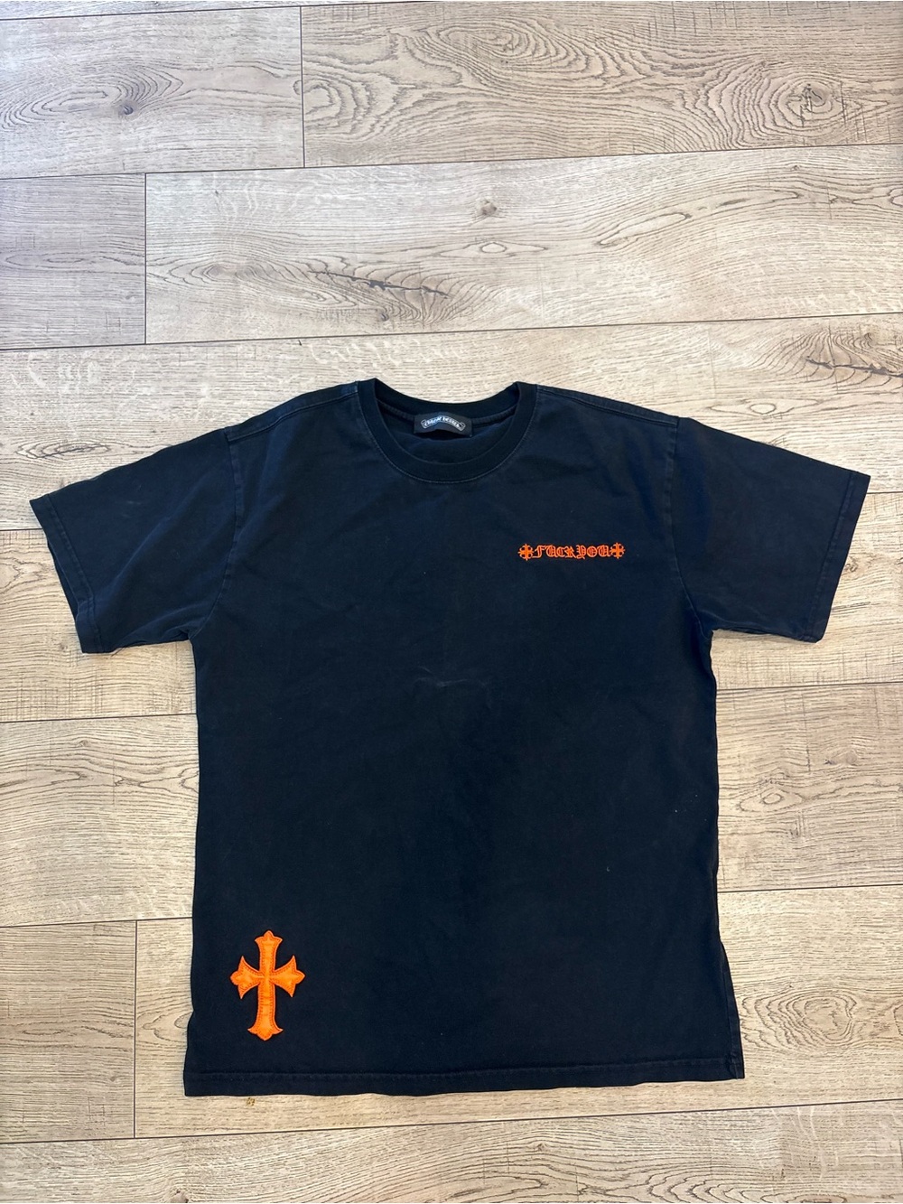 Chrome Hearts Black Short Sleeve Tee with Orange Cross Details